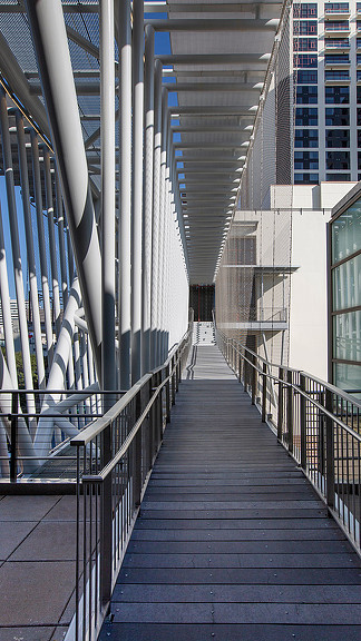 A long staircase in a building.