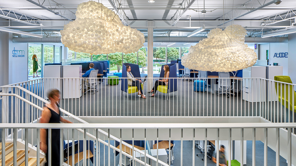 A group of people in a building.