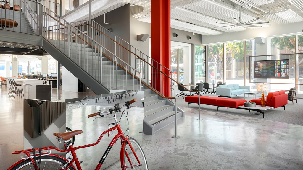 A bike parked in a large room.