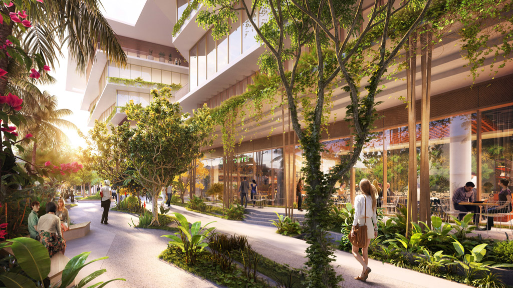 A courtyard with trees and people.
