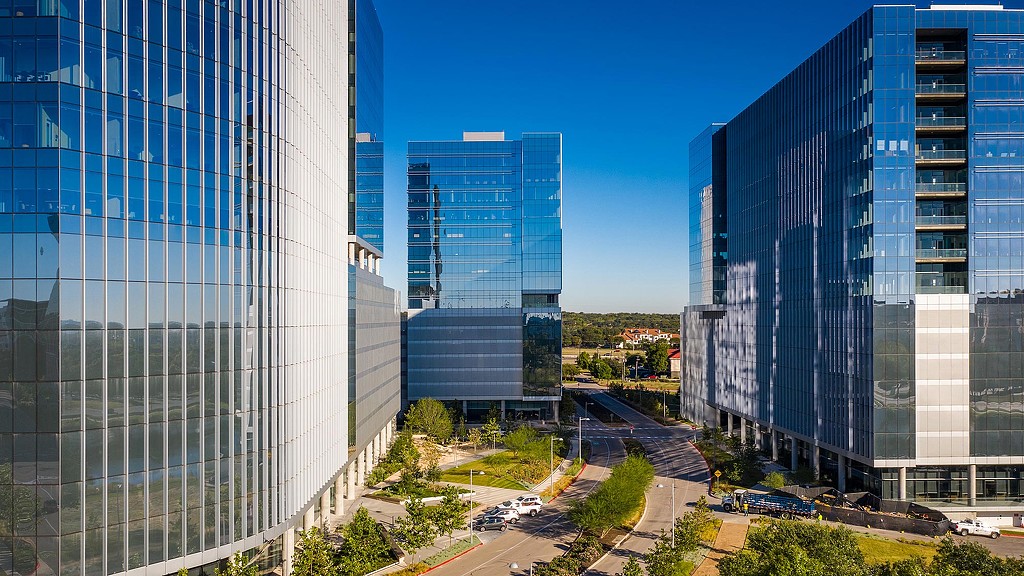A high angle view of tall buildings.