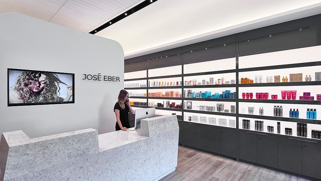 A person looking at a display.