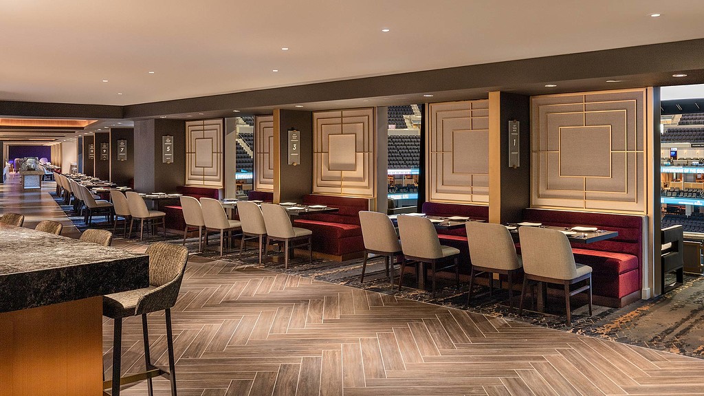 A room with tables and chairs.