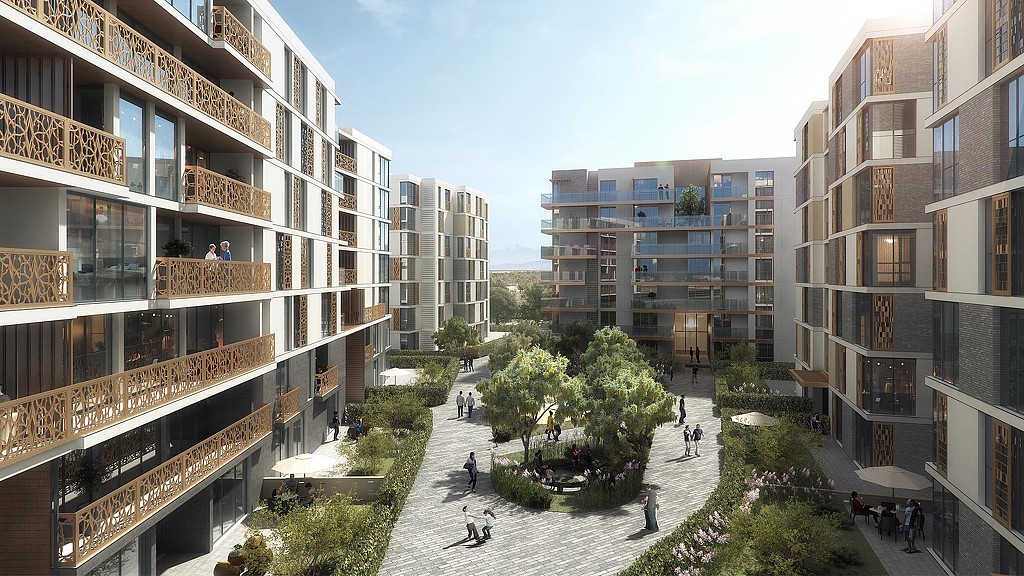 A courtyard between buildings.