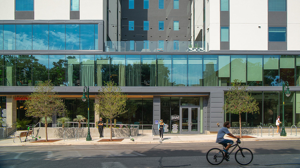 A building with glass windows.