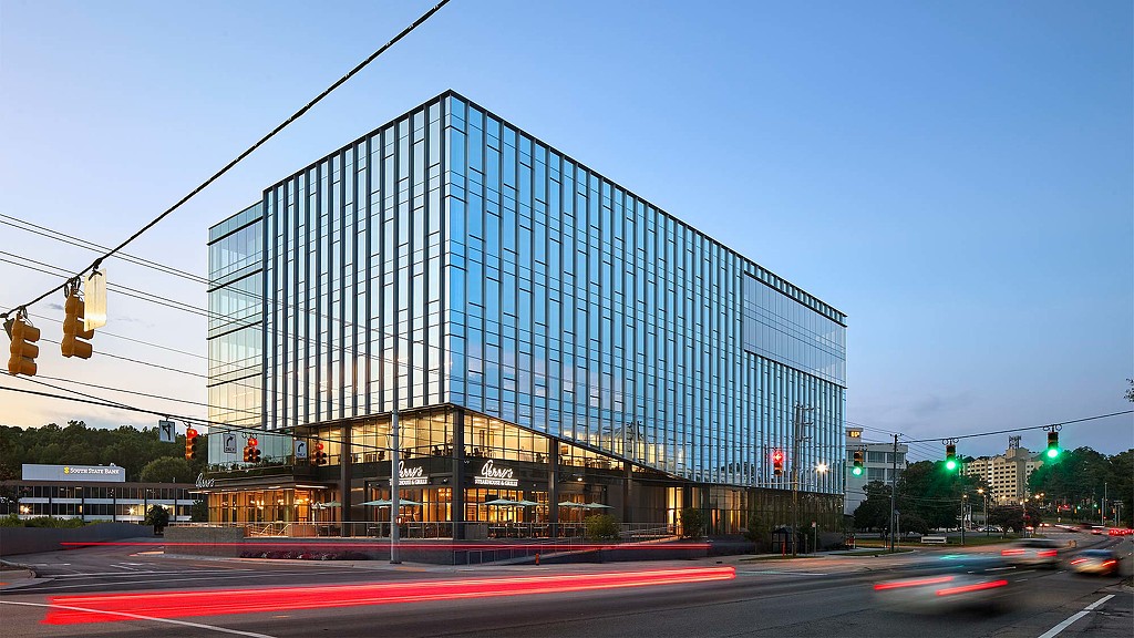 A large glass building.