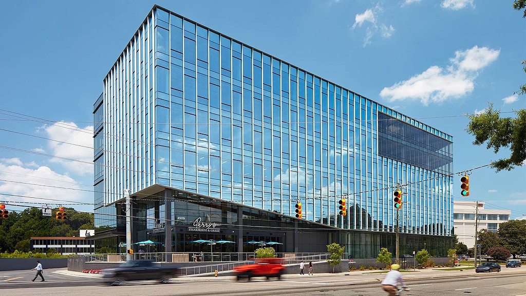 A large glass building.