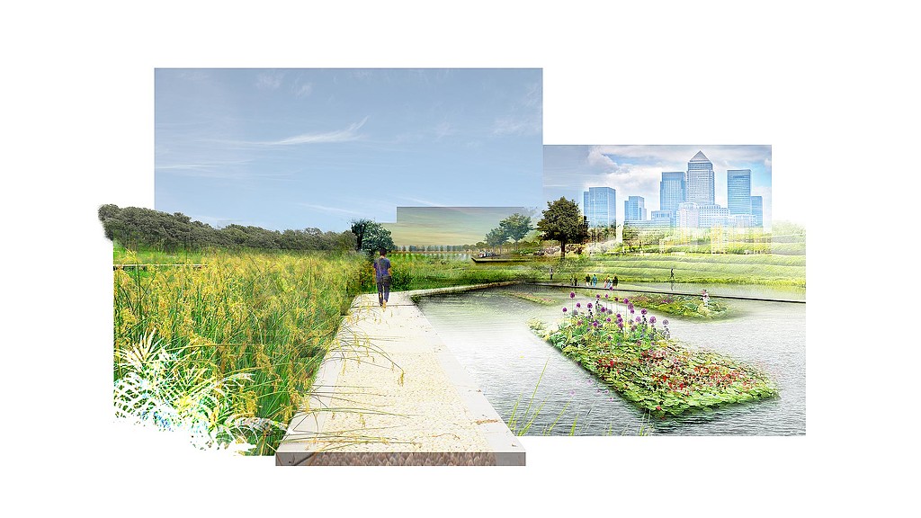 A person walking on a path in a park with flowers and a city in the background.