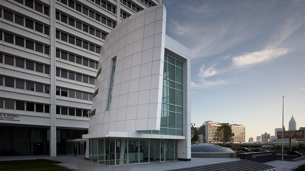 A building with a glass front.