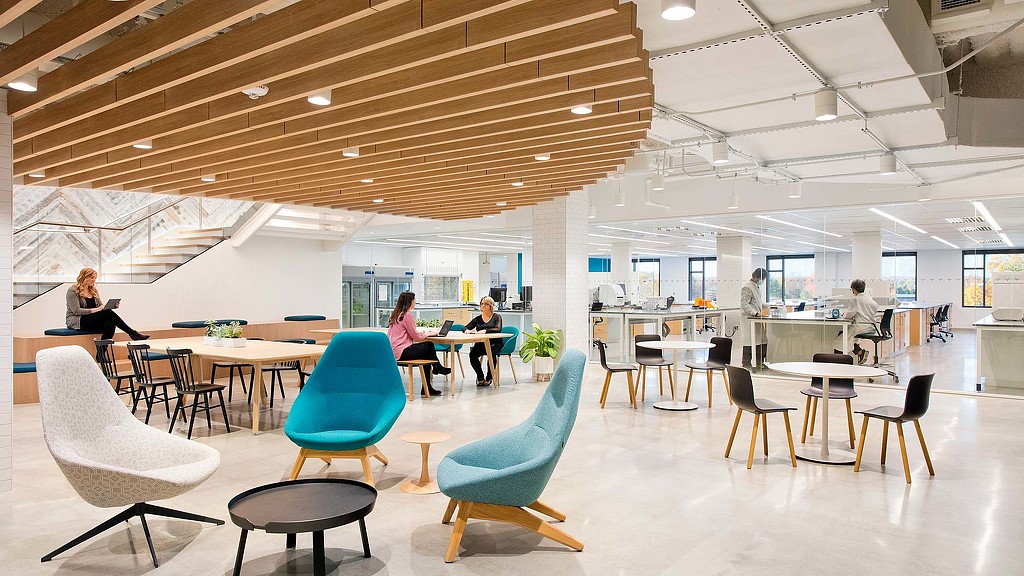 A group of people sitting at tables.