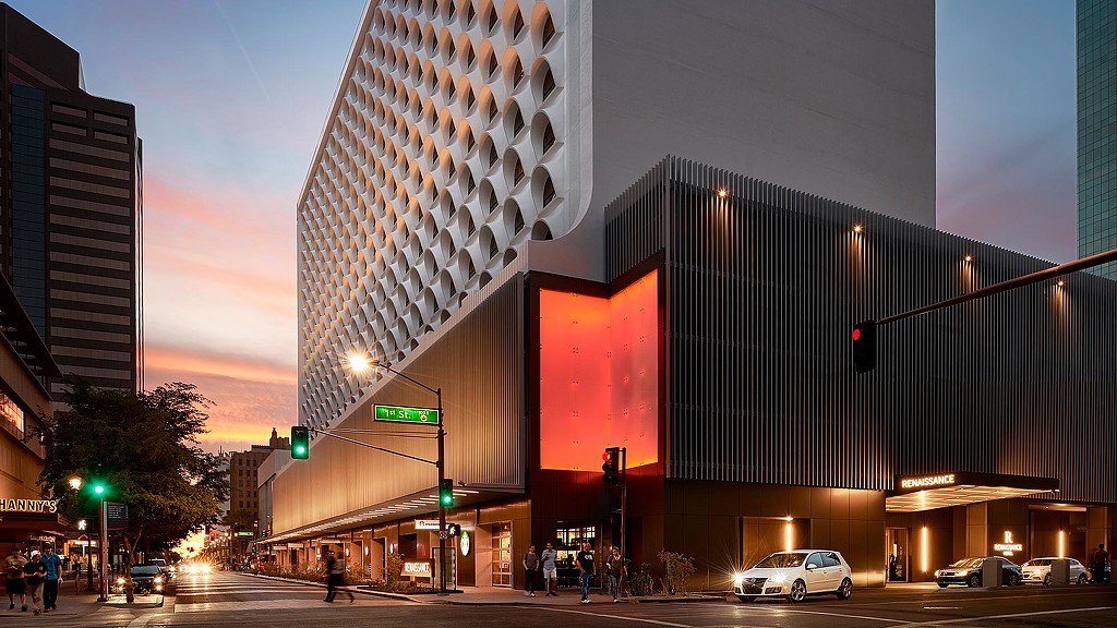 A city street with tall buildings.