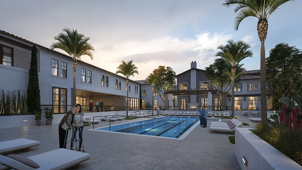 A pool in a courtyard with palm trees and buildings.