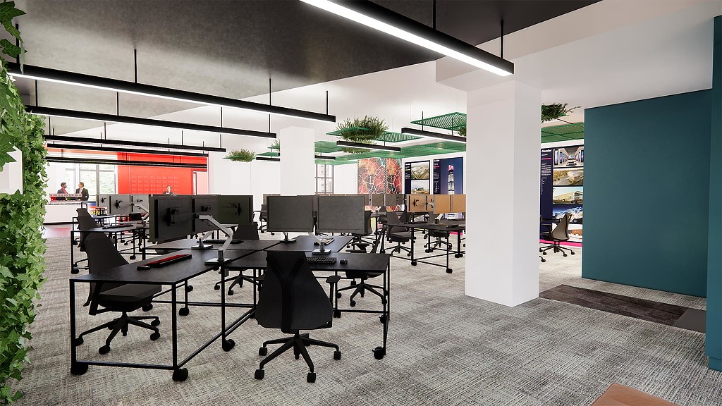 A room with a table and chairs.