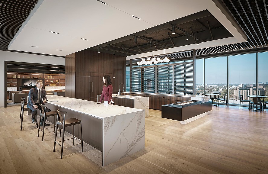 A man and woman in a room with large windows and a table.