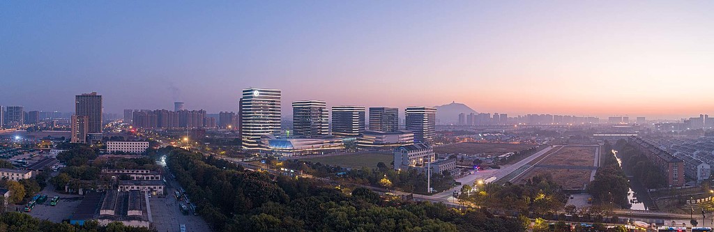 A city landscape at night.