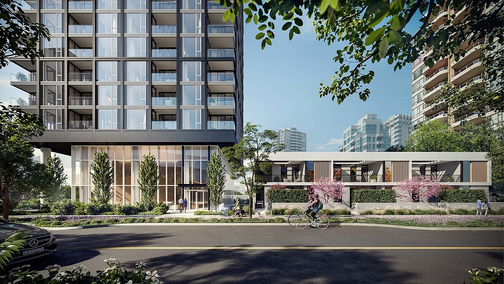 A building with trees and people riding bikes.