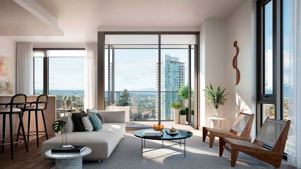 A living room with a large window.