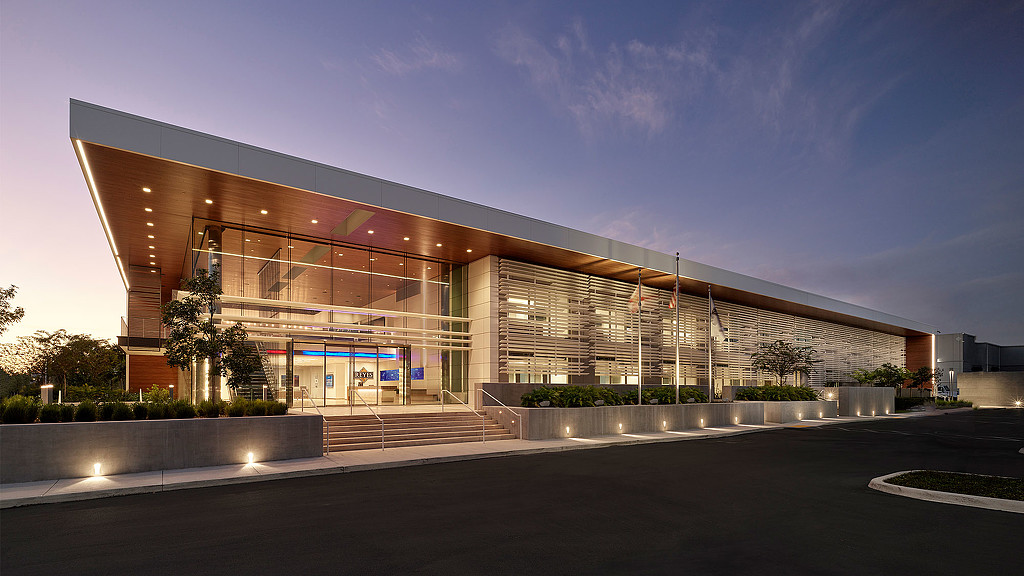 A building with a glass front.