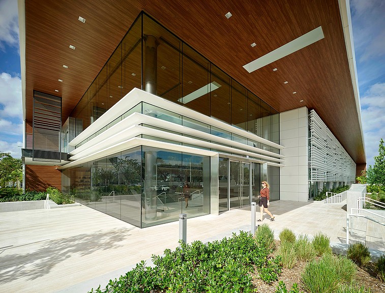 A building with a glass front.