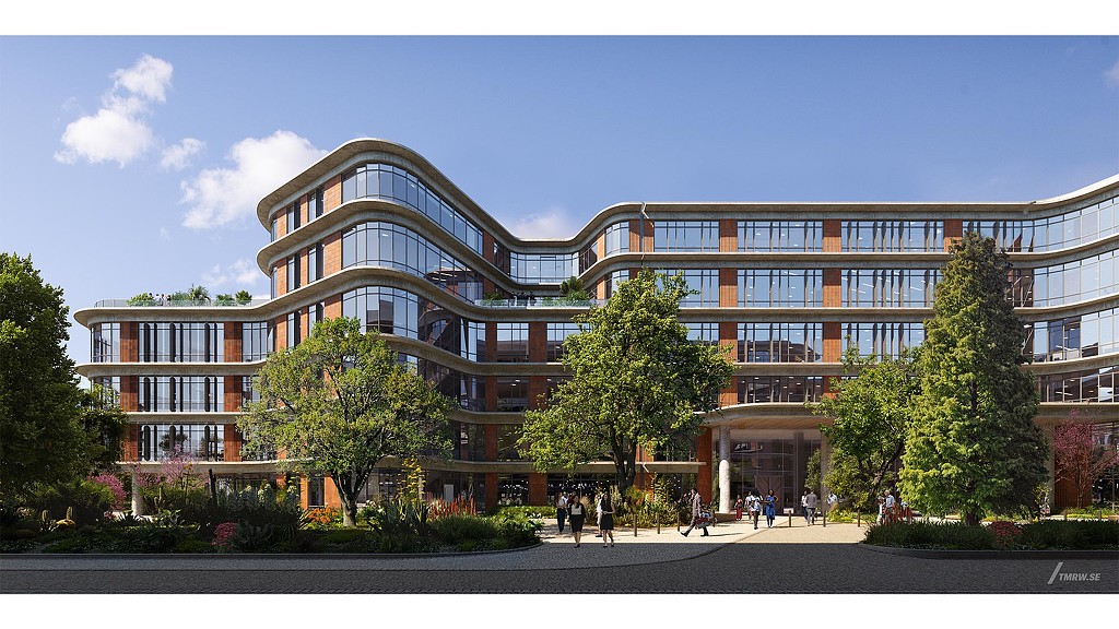 A large building with trees in front of it.