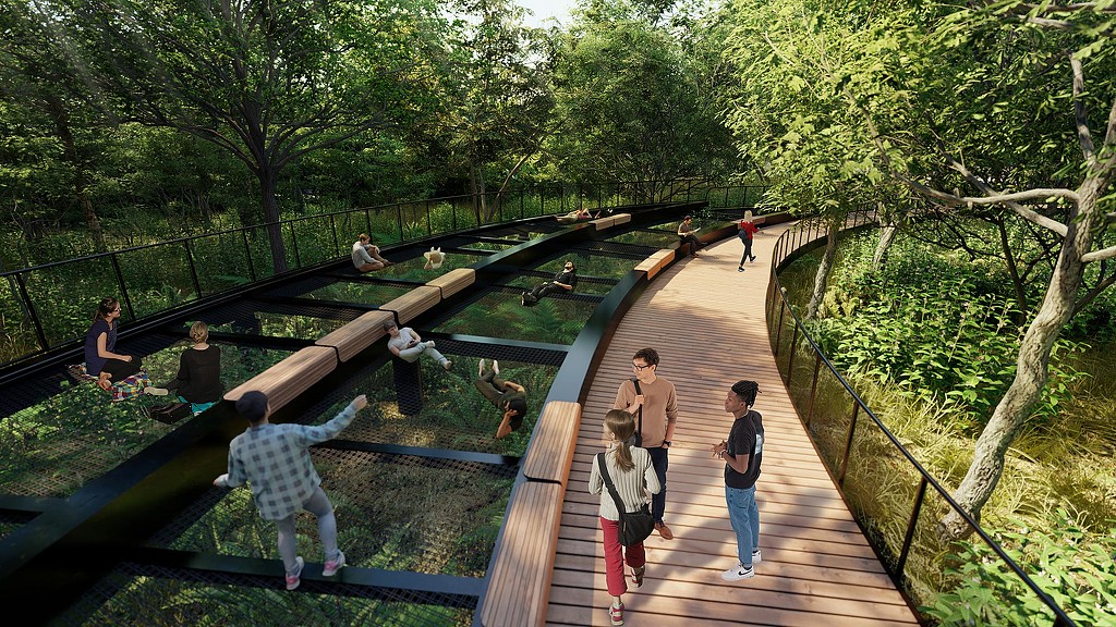 People walking on a bridge.