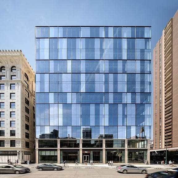 A large glass building.