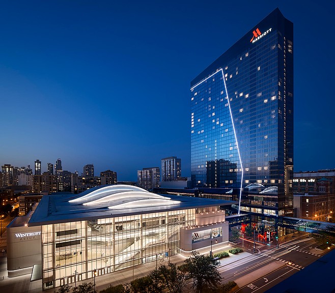 Evening Shot of the Marriott Marquis at McCormick Place and WinTrust Arena