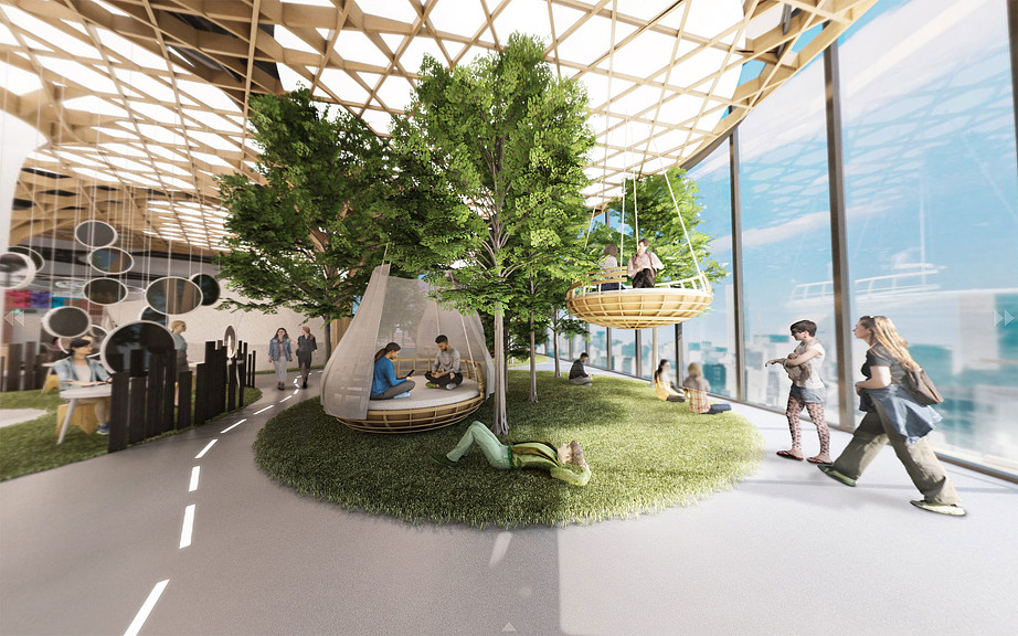 People in a large building.