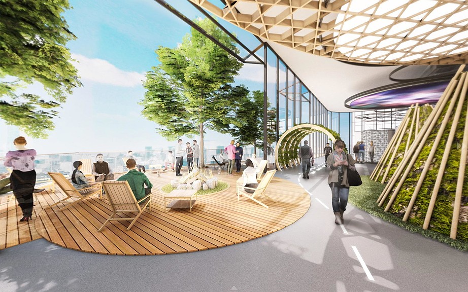 People walking around a building.