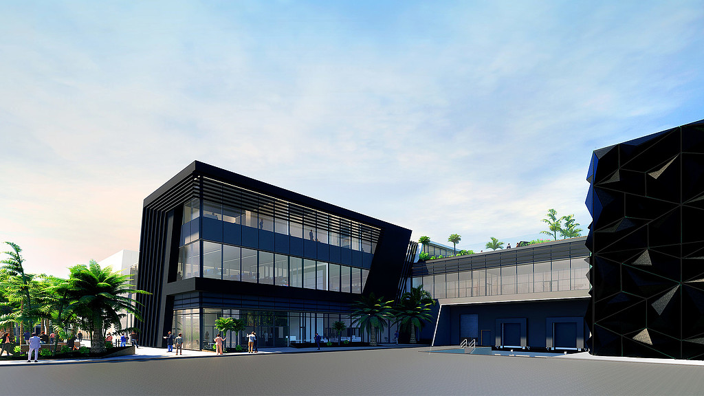 A building with a glass front.