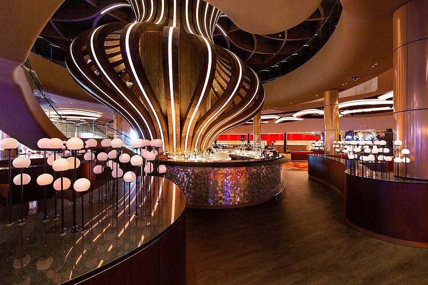 A large metal sculpture in a building.