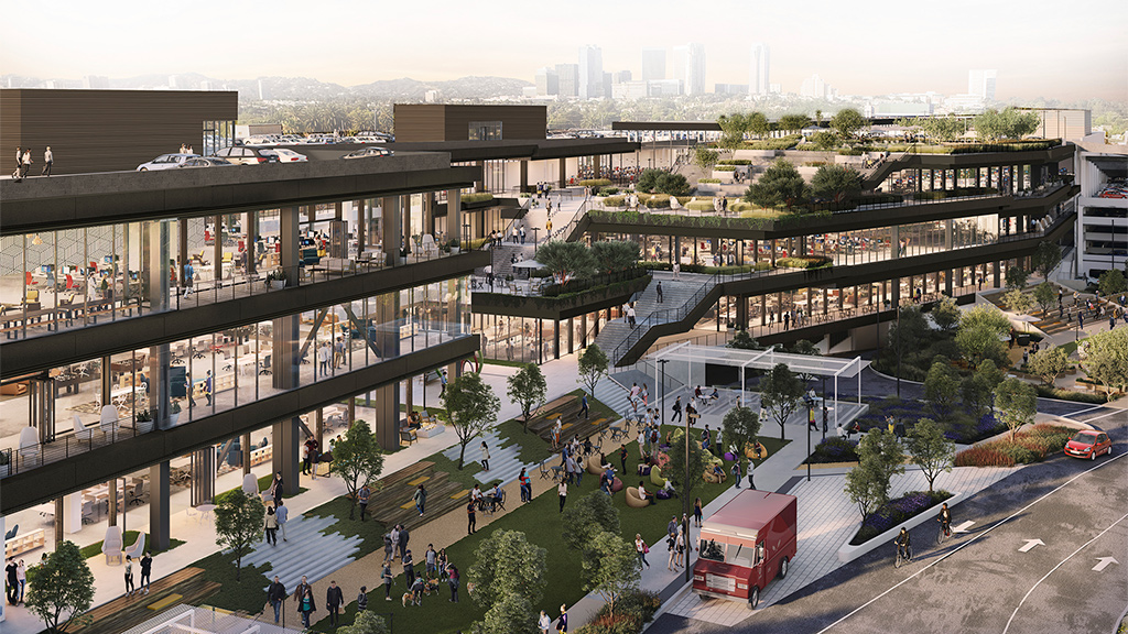 A large city with a bus and people walking around.