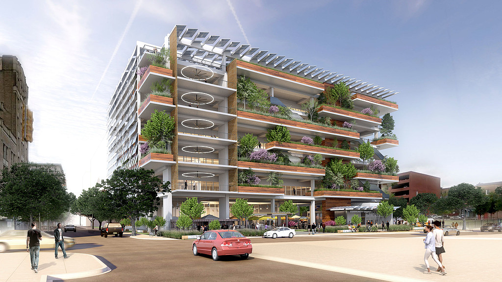 A building with a glass front.