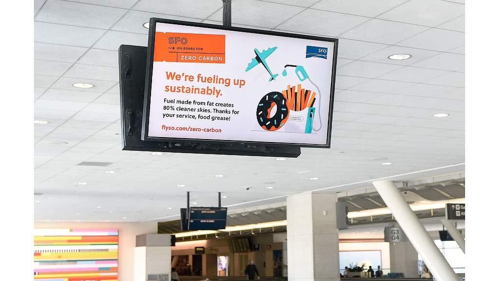 A large screen in a building.