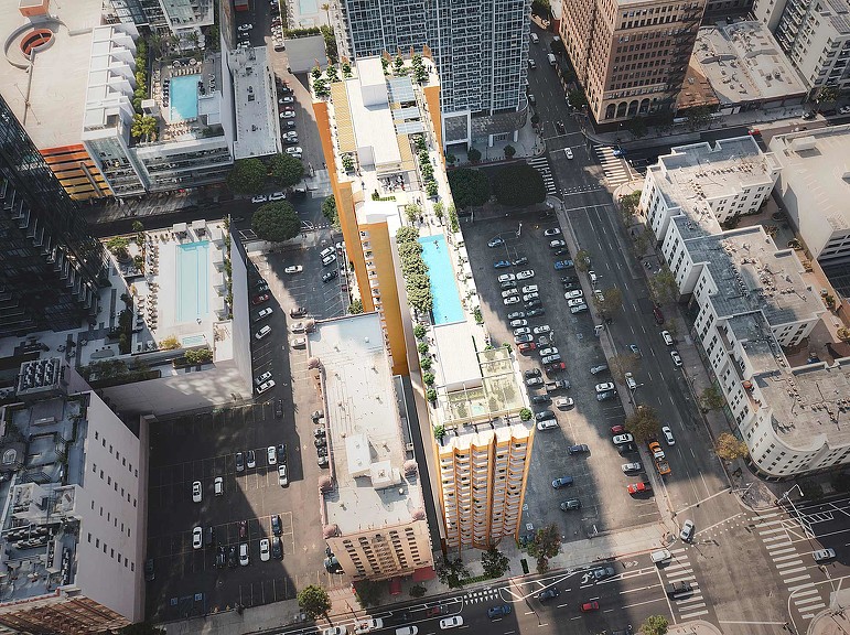 845 S. Olive Street mixed-use building aerial view