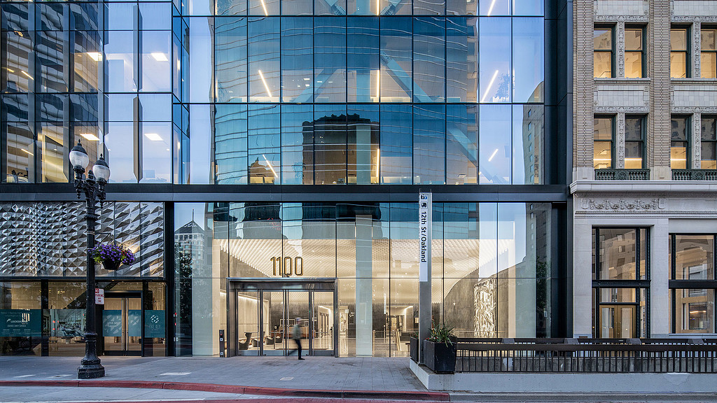 A building with glass windows.