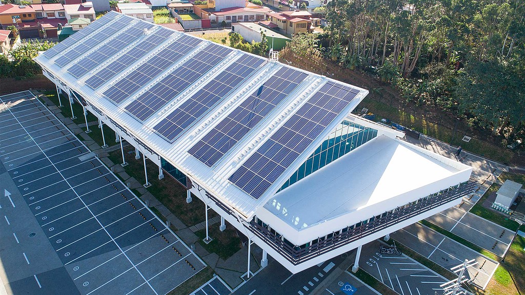 A building with solar panels.