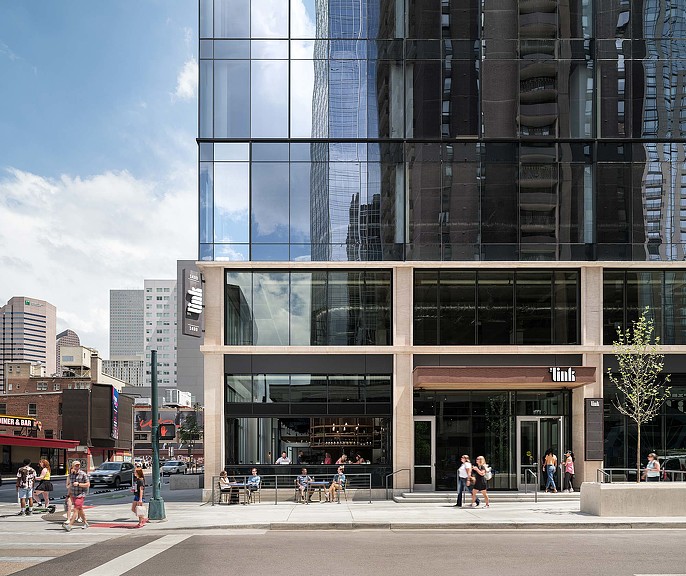 The Link mixed-use office tower ground level exterior view