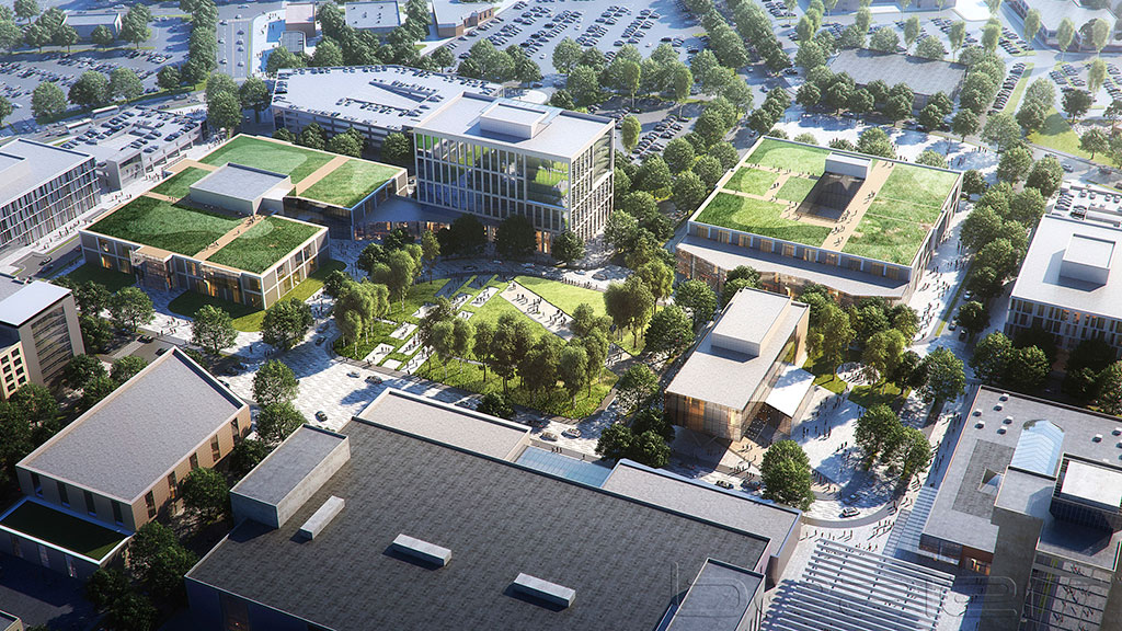 Aerial view of a campus.