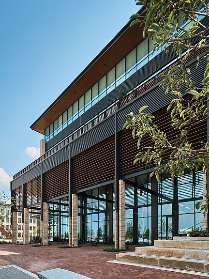 A building with glass windows.