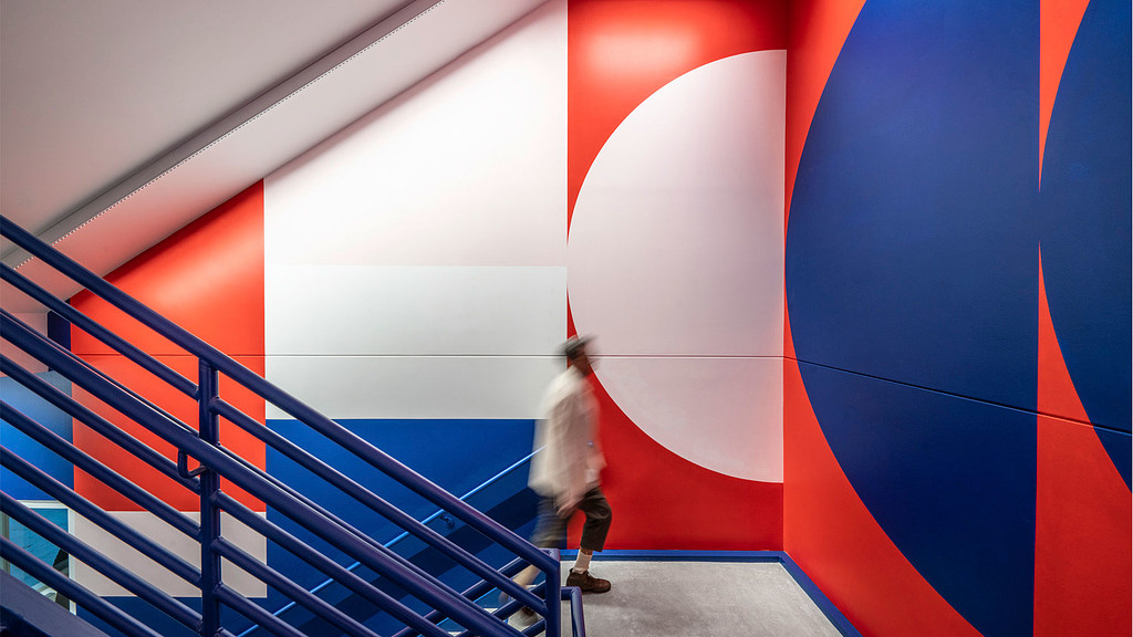 LinkedIn Omaha stairwell with colorful wall graphics