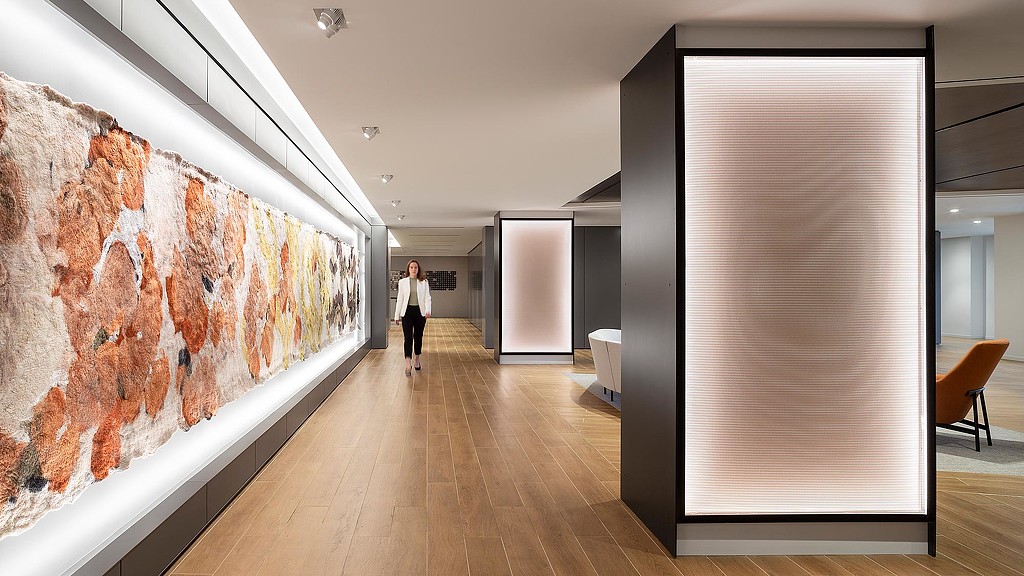 Mintz law firm corridor with patterned felt wall art by Claudy Jongstra