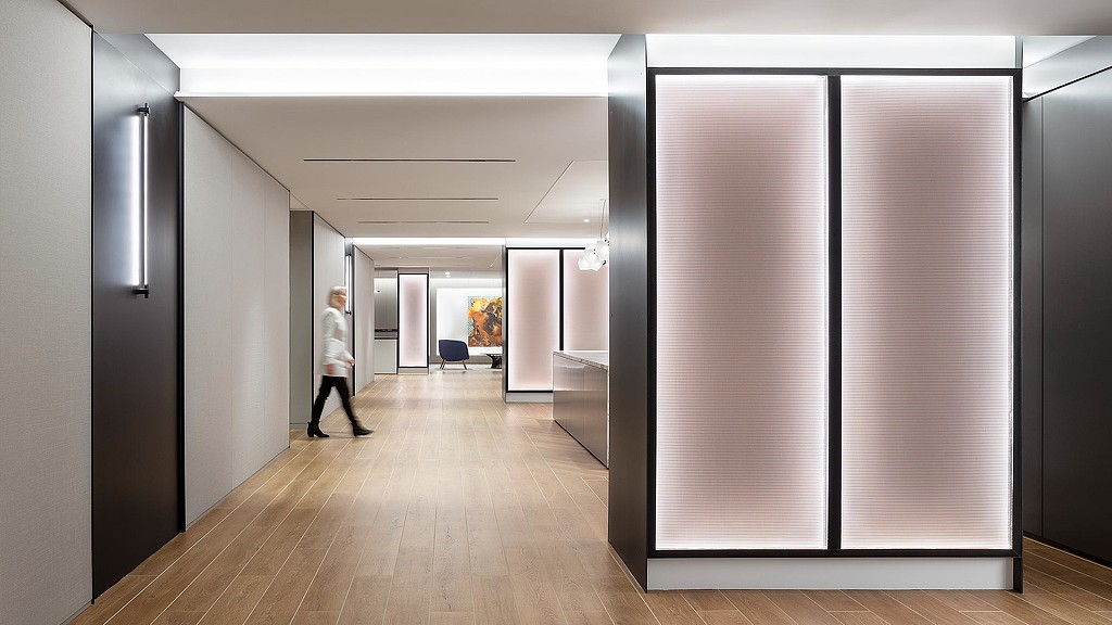 Mintz law firm corridor with light columns