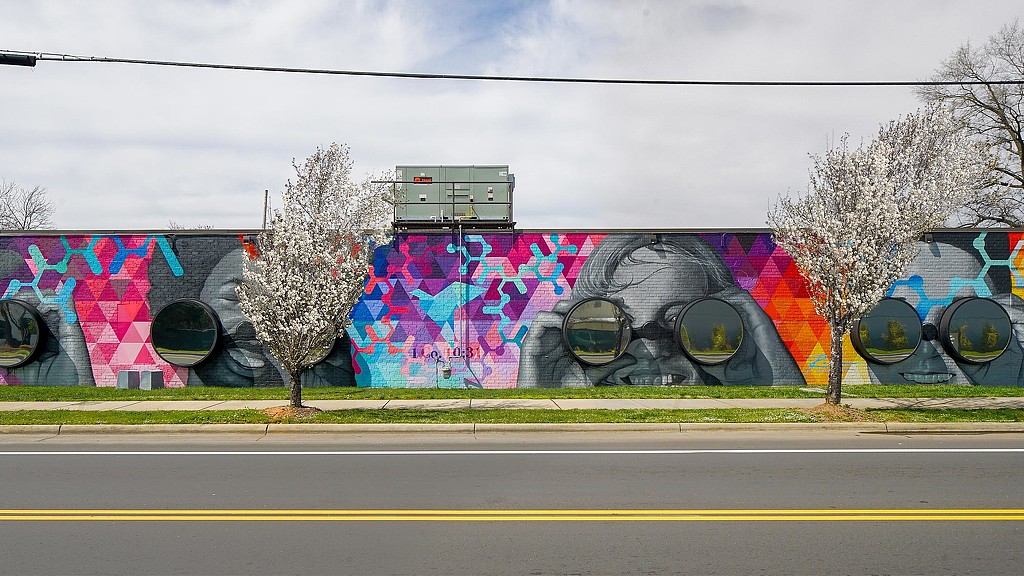 CBI Art Wall public mural of faces with 3D binoculars