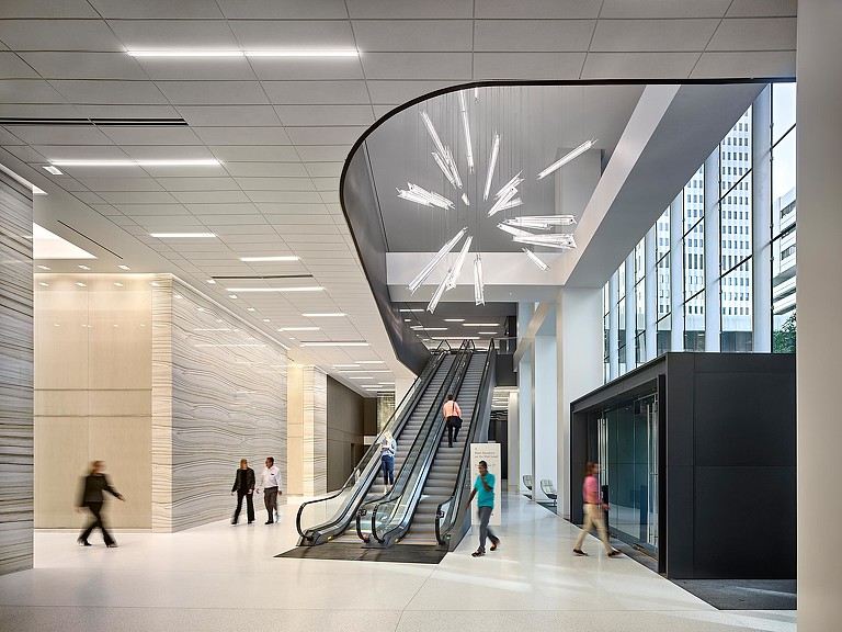 Charlotte Plaza lobby with escalator and light fixture