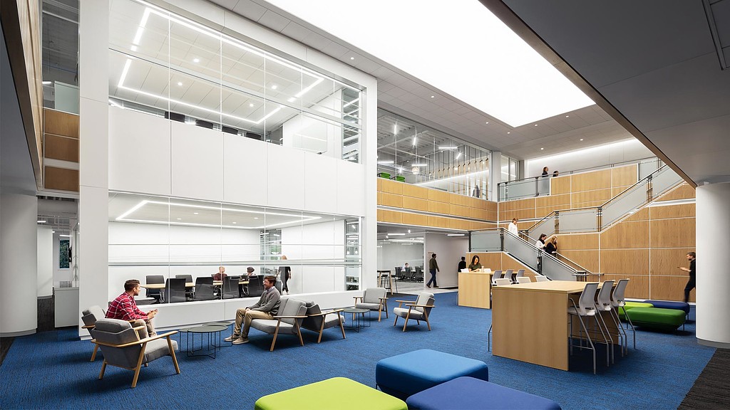 Unum Portland open seating and glass-front meeting rooms