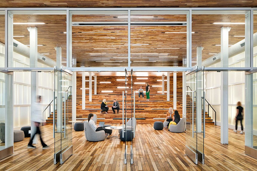 Confidential energy client headquarters collaboration space with steps