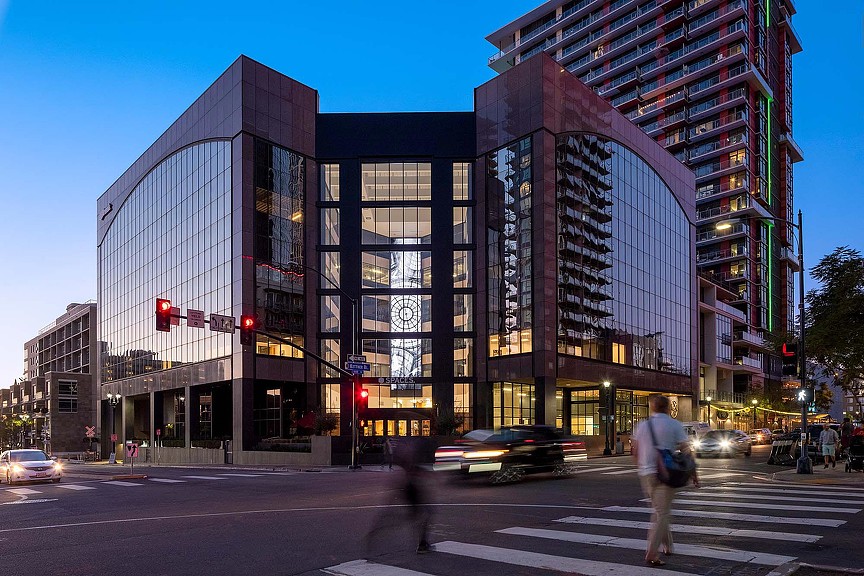 1420 Kettner & Ash office building exterior at night