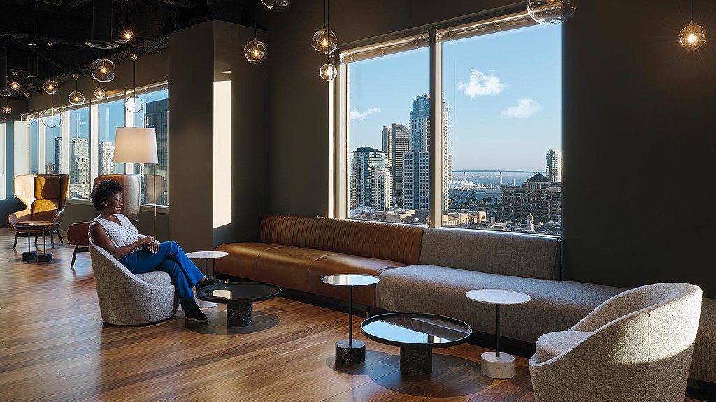 Barnes & Thornburg San Diego lounge area with city views