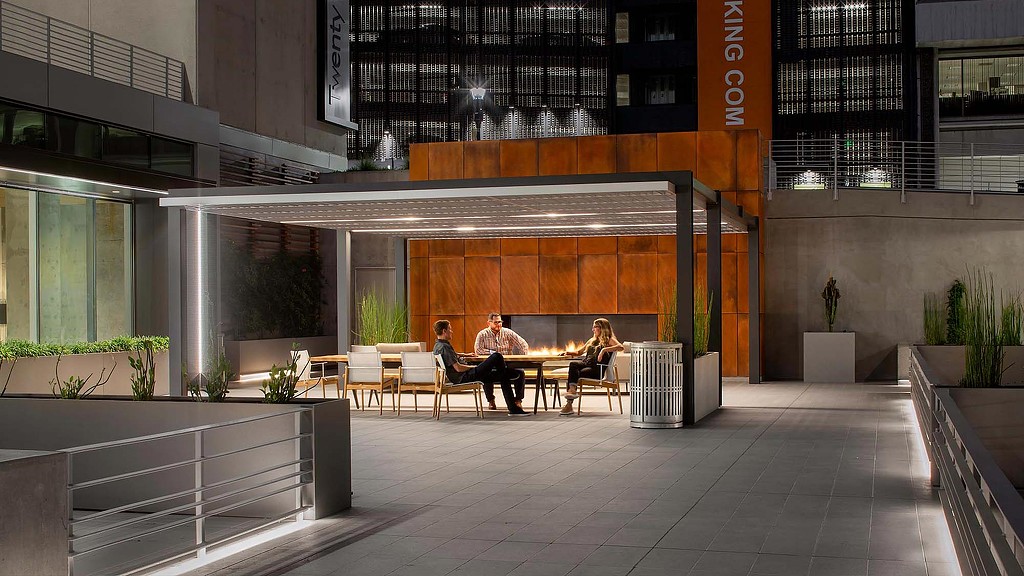 Twenty by Six office building courtyard at night